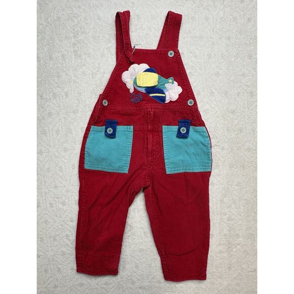 Vintage Hush Puppies Bib Overalls Red Corduroy Fun Funky Planes Boy Girl Sz 2T - Picture 1 of 6